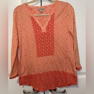 Lucky Brand Orange Geometric Print Tunic Top V Neck Med Long Sleeve